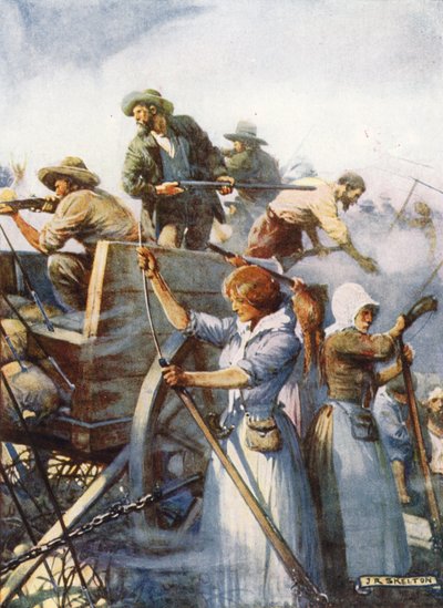 彼らのそばに女性が静かに銃を装填して立っていました 作： Joseph Ratcliffe Skelton